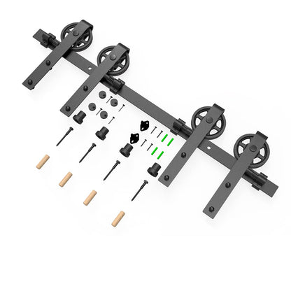 Schiebetürbeschlag Doppeltür 366cm Schiebetüren Schiebetürsystem Komplettset Laufschiene Rollen Set Schwarz für 2 Holztür 91cm Breit, Mittlere Rolle in J-Form