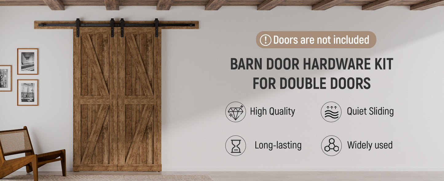 Schiebetürbeschlag Doppeltür 244cm Schiebetüren Schiebetürsystem Komplettset Laufschiene Rollen Set Schwarz für 2 Holztür 61cm Breit, Kleine Rolle in J-Form