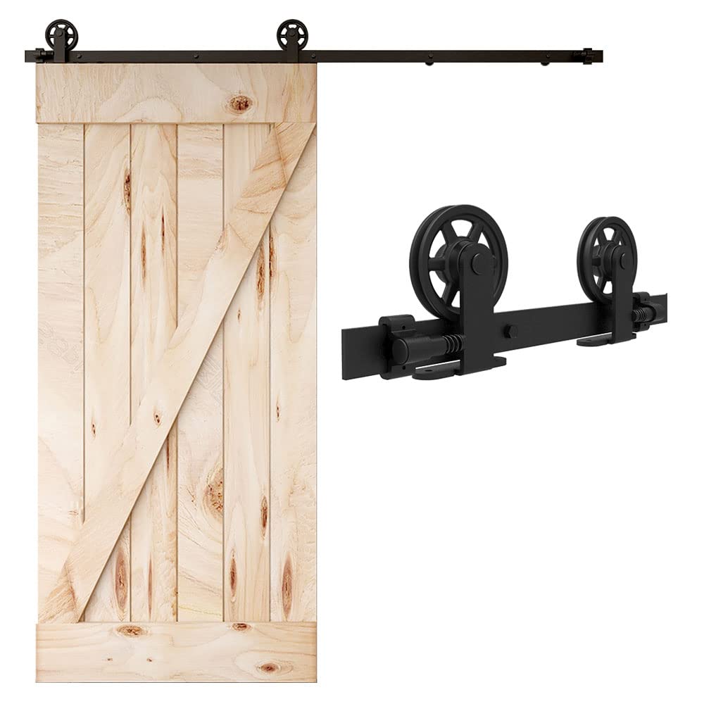Schiebetürbeschlag 244cm Schiebetüren Schiebetürsystem Komplettset Laufschiene Rollen Set Schwarz für 1 Holztür 122cm Breit, Mittlere Rolle in T-Form
