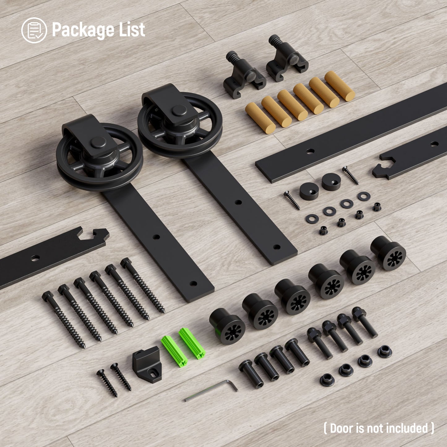 Schiebetürbeschlag 153cm Schiebetüren Schiebetürsystem Komplettset Laufschiene Rollen Set Schwarz für 1 Holztür 76cm Breit, Mittlere Rolle in J-Form