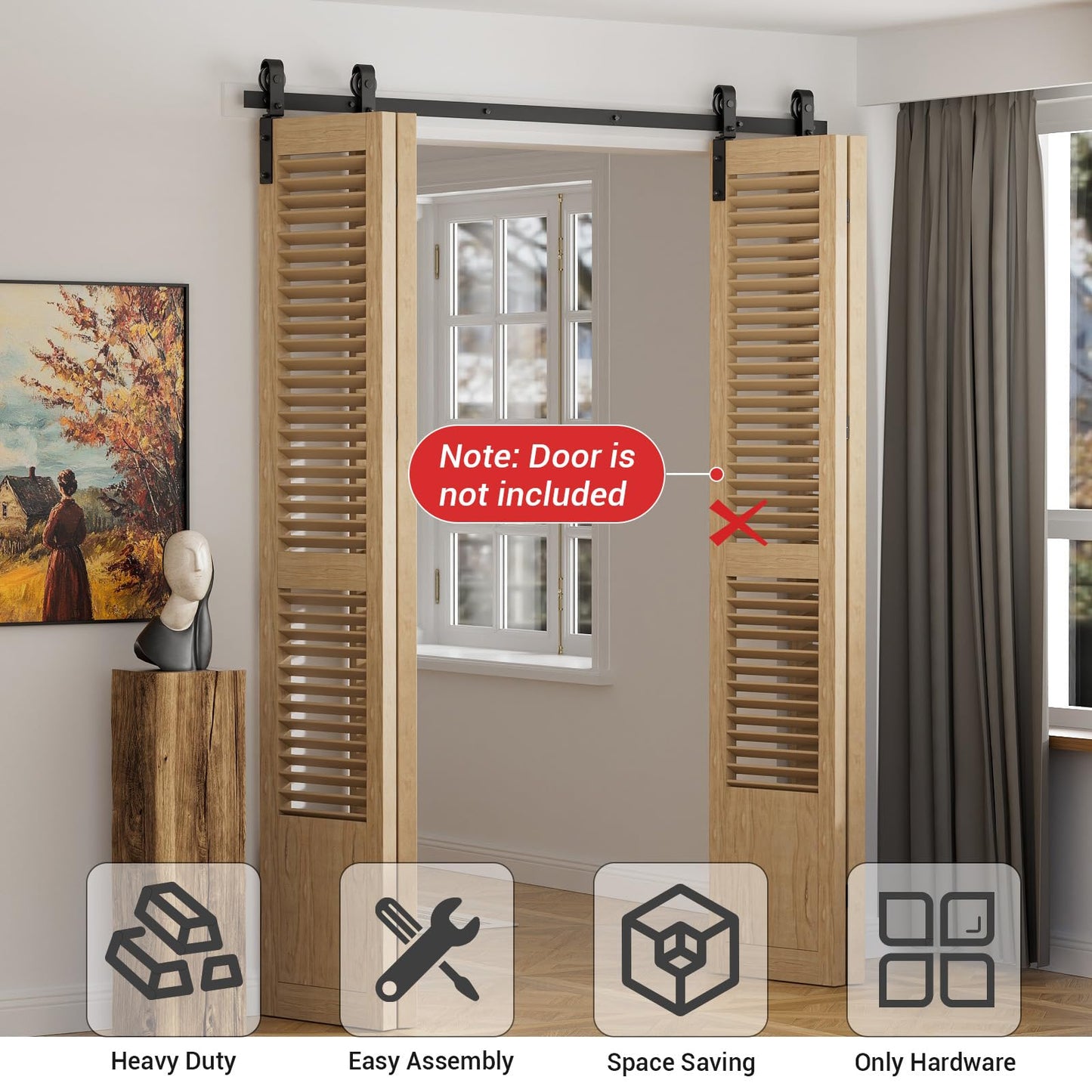 203cm/6.6FT Bifold Schiebetürbeschlag Schiebetüren Schiebetürsystem Komplettset Laufschiene Rollen Set Schwarz für 4 Holztür 49cm Breit