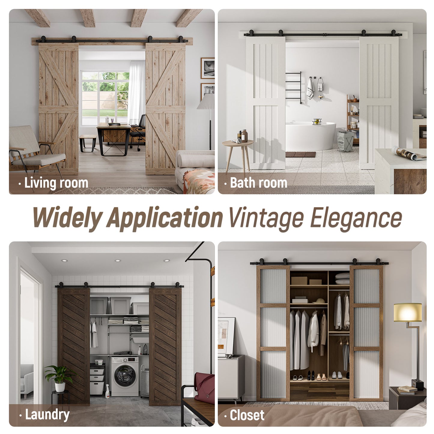 Schiebetürbeschlag Doppeltür 366cm Schiebetüren Schiebetürsystem Komplettset Laufschiene Rollen Set Schwarz für 2 Holztür 91cm Breit, Kleine Rolle in T-Form