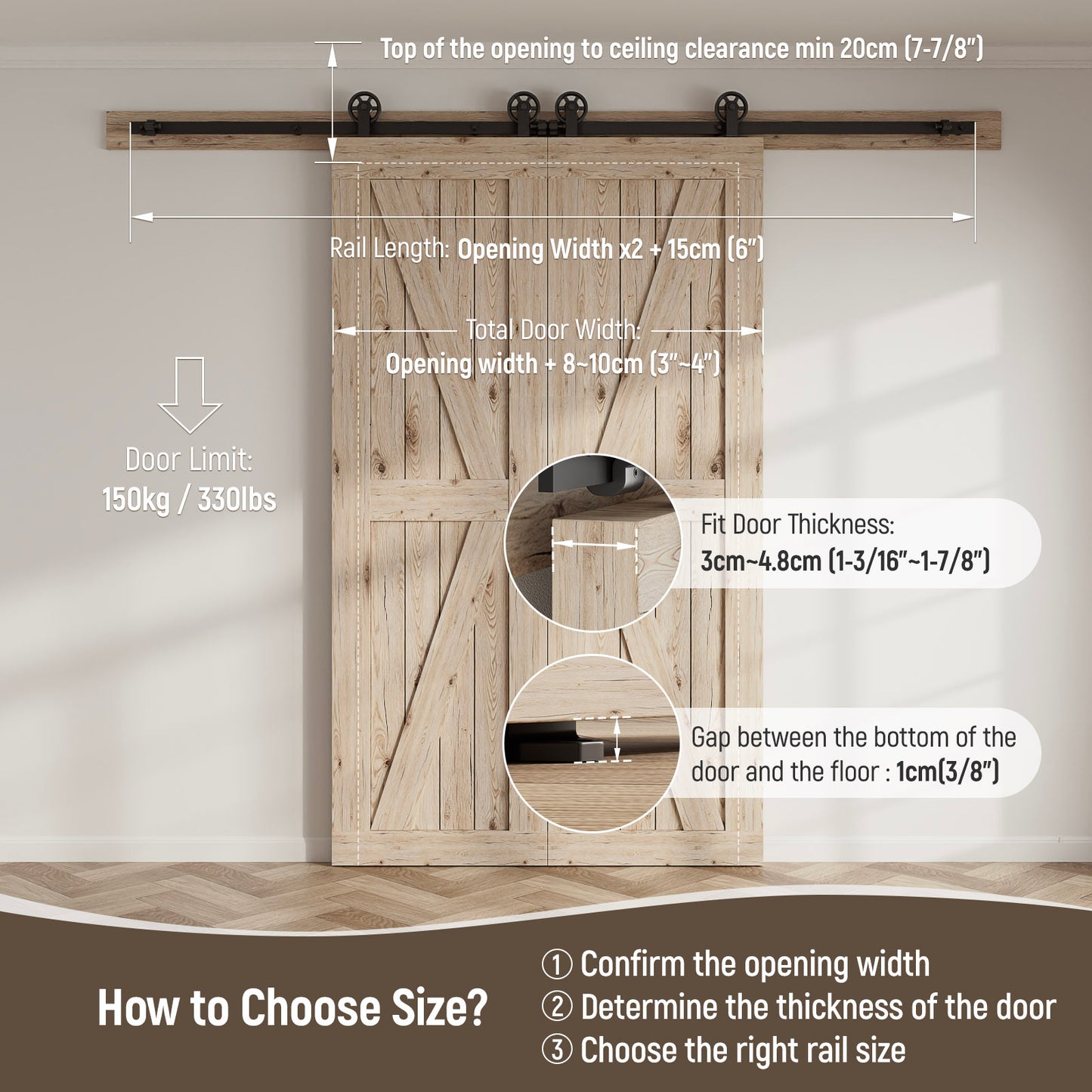 Schiebetürbeschlag Doppeltür 325cm Schiebetüren Schiebetürsystem Komplettset Laufschiene Rollen Set Schwarz für 2 Holztür 81cm Breit, Mittlere Rolle in T-Form