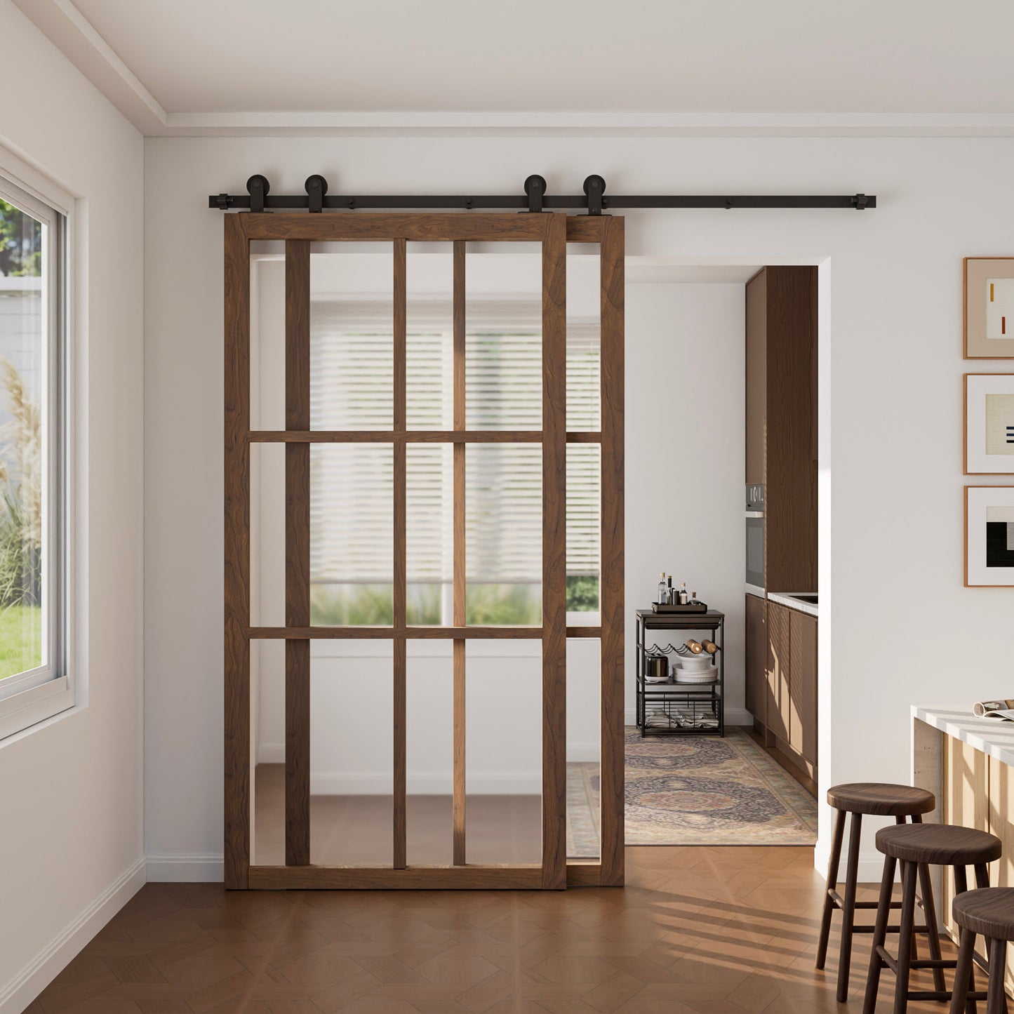 Schiebetürbeschlag Bypass Doppeltür 153cm Schiebetüren Schiebetürsystem Komplettset Laufschiene Rollen Set Schwarz für 2 Holztür 70cm Breit, T-Form