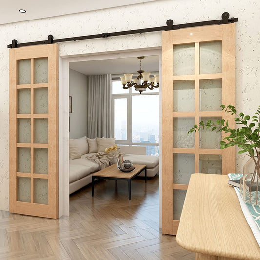 Schiebetürbeschlag Doppeltür 203cm Schiebetüren Schiebetürsystem Komplettset Laufschiene Rollen Set Schwarz für 2 Holztür 50cm Breit, Kleine Rolle in T-Form