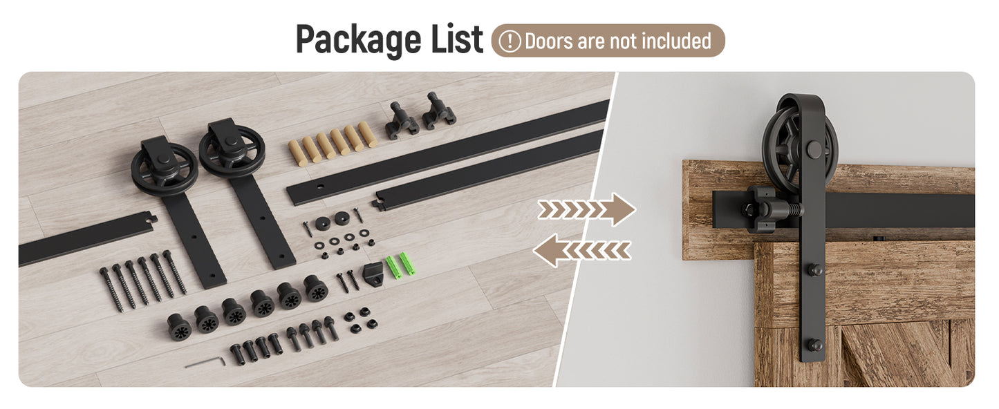 Schiebetürbeschlag 214cm Schiebetüren Schiebetürsystem Komplettset Laufschiene Rollen Set Schwarz für 1 Holztür 107cm Breit, Mittlere Rolle in J-Form