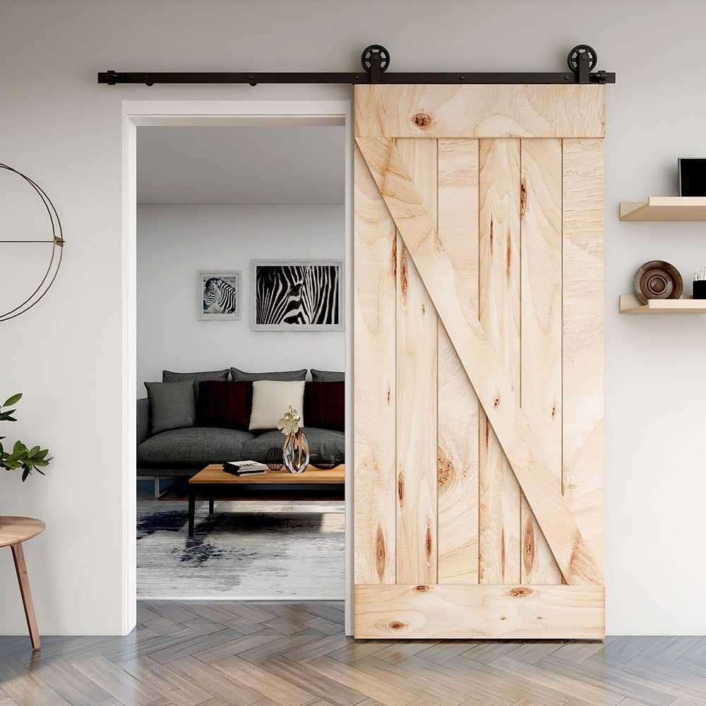 Schiebetürbeschlag 183cm Schiebetüren Schiebetürsystem Komplettset Laufschiene Rollen Set Schwarz für 1 Holztür 91cm Breit, Mittlere Rolle in T-Form