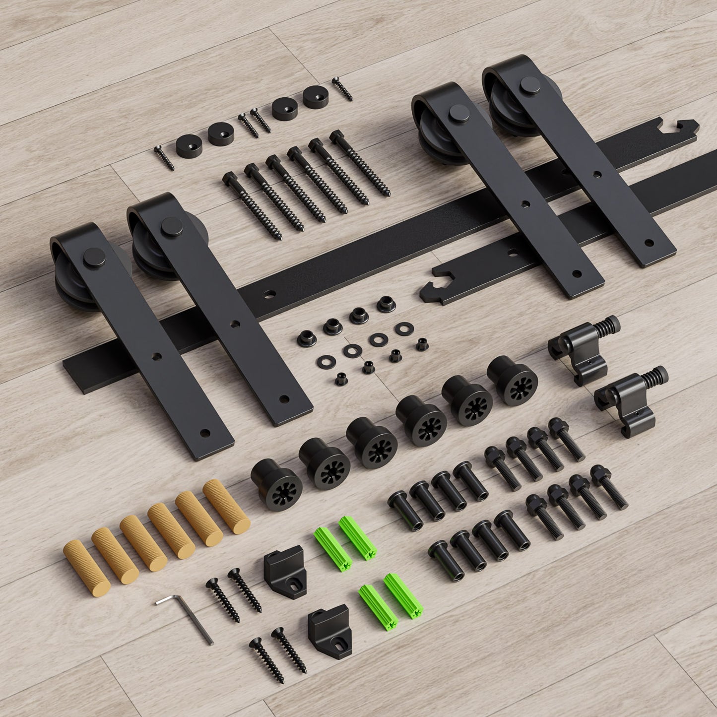 Schiebetürbeschlag Doppeltür 396cm Schiebetüren Schiebetürsystem Komplettset Laufschiene Rollen Set Schwarz für 2 Holztür 99cm Breit, Kleine Rolle in J-Form