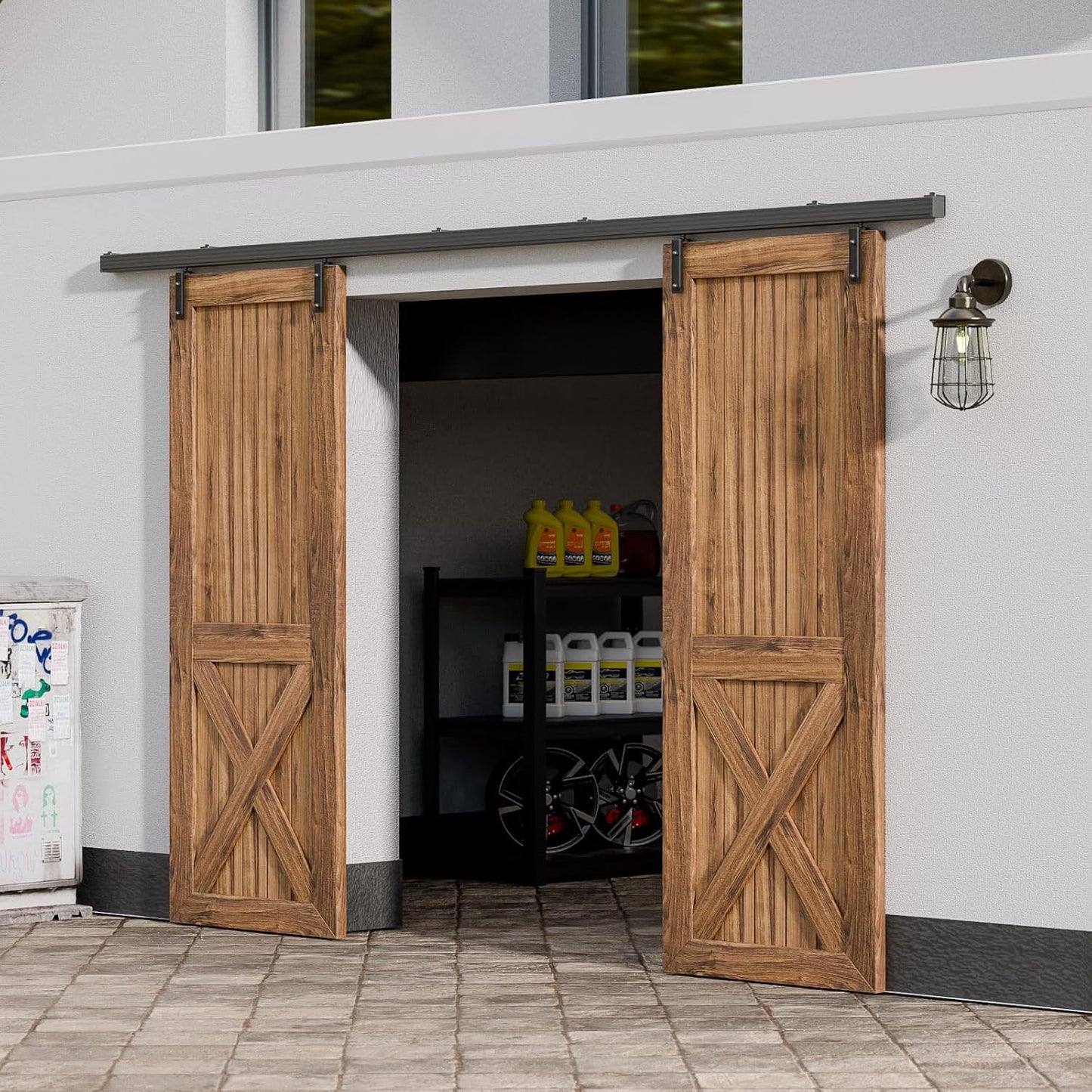 BONIKLUBA Box Rail Sliding Barn Door Hardware,Wall Mount Box Track Exterior Kit for Double Door,Black Heavy Duty(No Door)