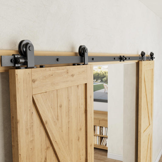 Schiebetürbeschlag Doppeltür 366cm Schiebetüren Schiebetürsystem Komplettset Laufschiene Rollen Set Schwarz für 2 Holztür 91cm Breit, Kleine Rolle in T-Form