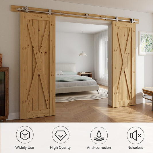 Edelstahl-Schiebetürbeschlag für Doppeltür, 305 cm Schiebetürsystem-Komplettset, Laufschiene mit Rollen für 2 Holztüren à 76 cm Breite, T-Form