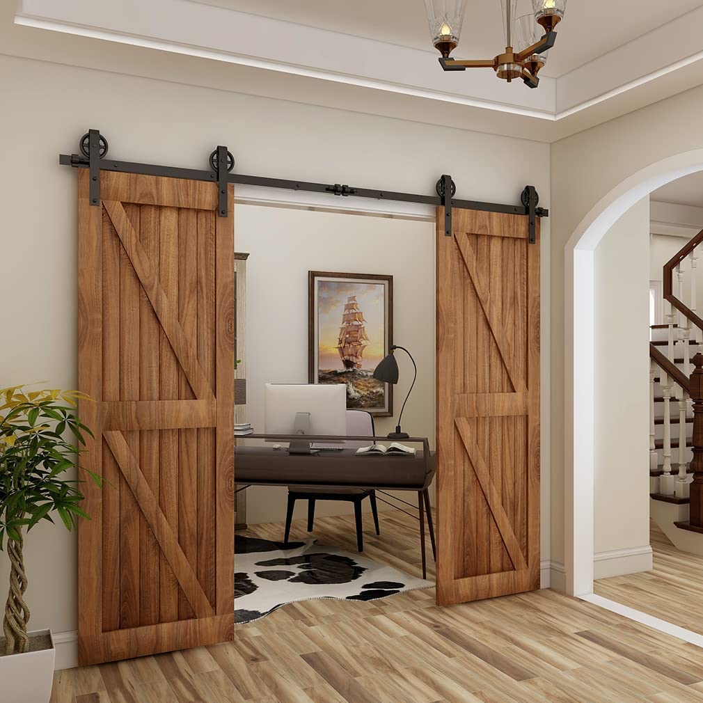 Schiebetürbeschlag Doppeltür 366cm Schiebetüren Schiebetürsystem Komplettset Laufschiene Rollen Set Schwarz für 2 Holztür 91cm Breit, Mittlere Rolle in J-Form