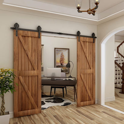 Schiebetürbeschlag Doppeltür 366cm Schiebetüren Schiebetürsystem Komplettset Laufschiene Rollen Set Schwarz für 2 Holztür 91cm Breit, Mittlere Rolle in J-Form