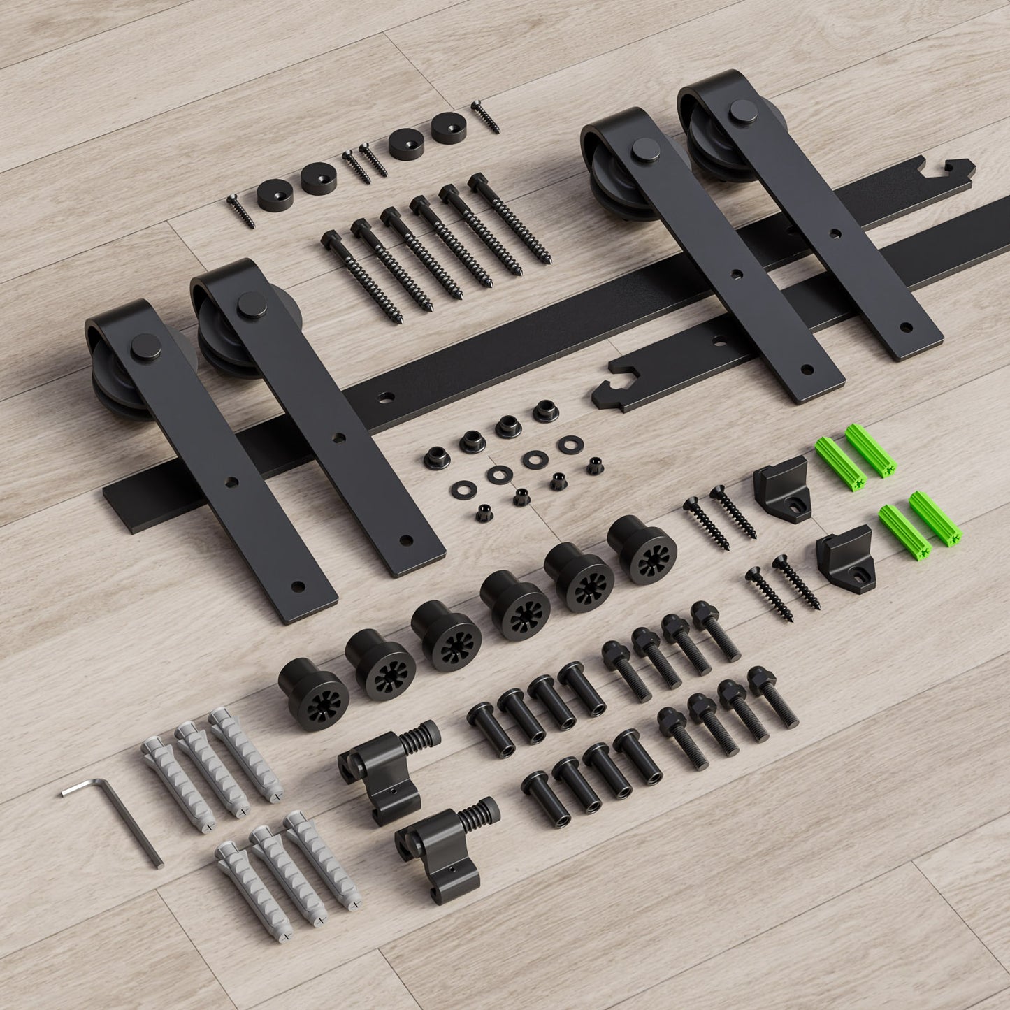 Schiebetürbeschlag Doppeltür 366cm Schiebetüren Schiebetürsystem Komplettset Laufschiene Rollen Set Schwarz für 2 Holztür 91cm Breit, Kleine Rolle in J-Form