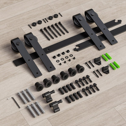 Schiebetürbeschlag Doppeltür 366cm Schiebetüren Schiebetürsystem Komplettset Laufschiene Rollen Set Schwarz für 2 Holztür 91cm Breit, Kleine Rolle in J-Form
