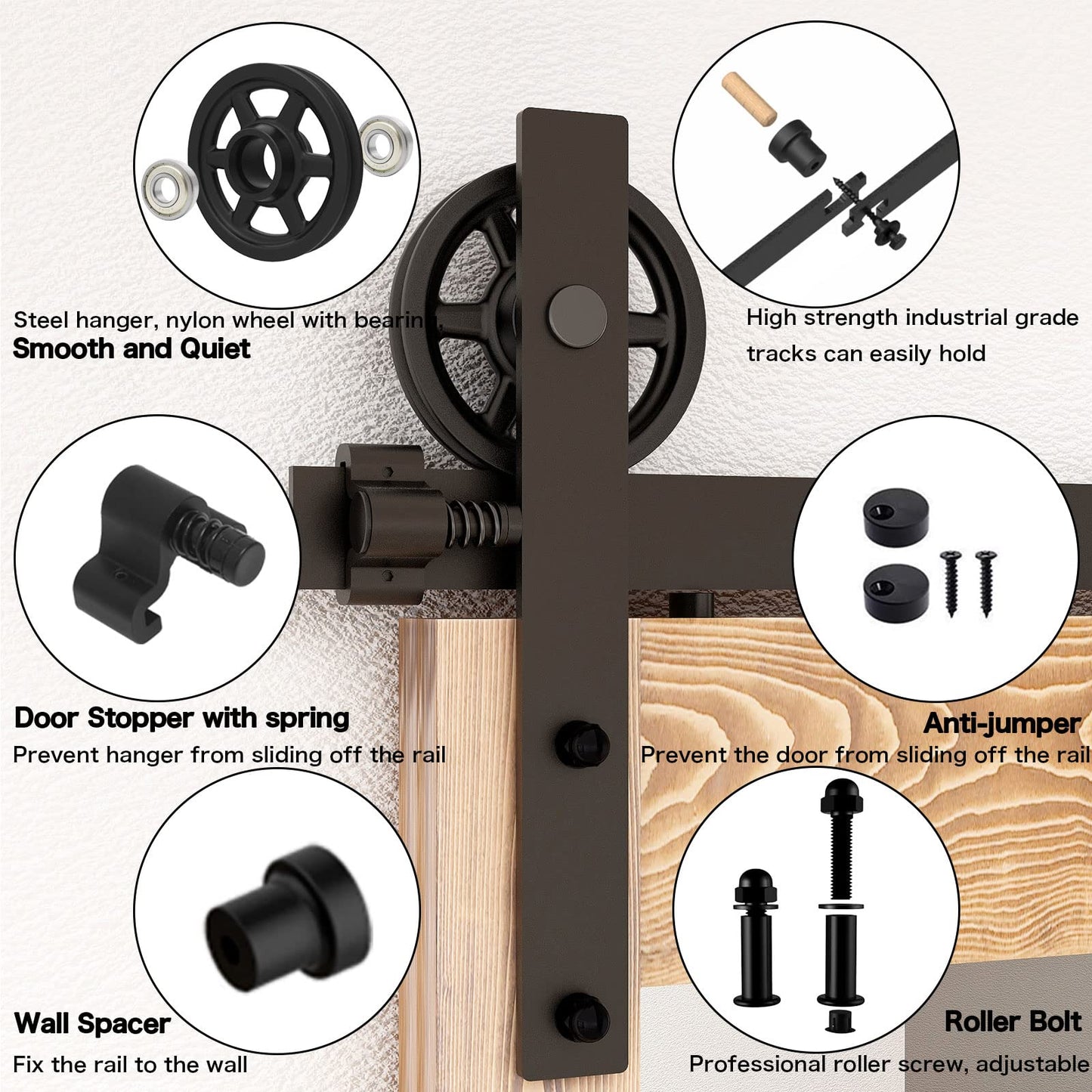 Schiebetürbeschlag 153cm Schiebetüren Schiebetürsystem Komplettset Laufschiene Rollen Set Schwarz für 1 Holztür 76cm Breit, Mittlere Rolle in I-Form