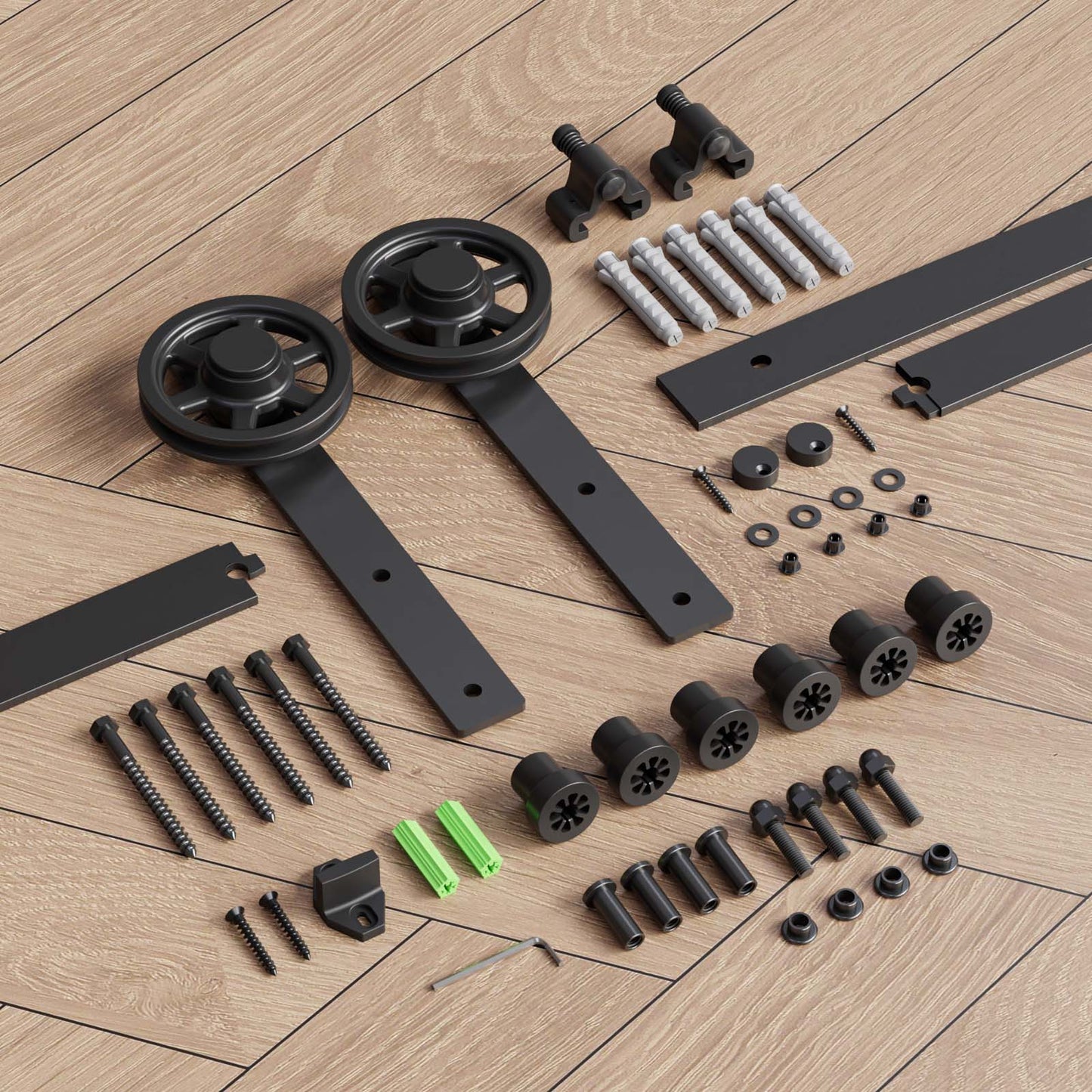 Schiebetürbeschlag 153cm Schiebetüren Schiebetürsystem Komplettset Laufschiene Rollen Set Schwarz für 1 Holztür 76cm Breit, Mittlere Rolle in I-Form