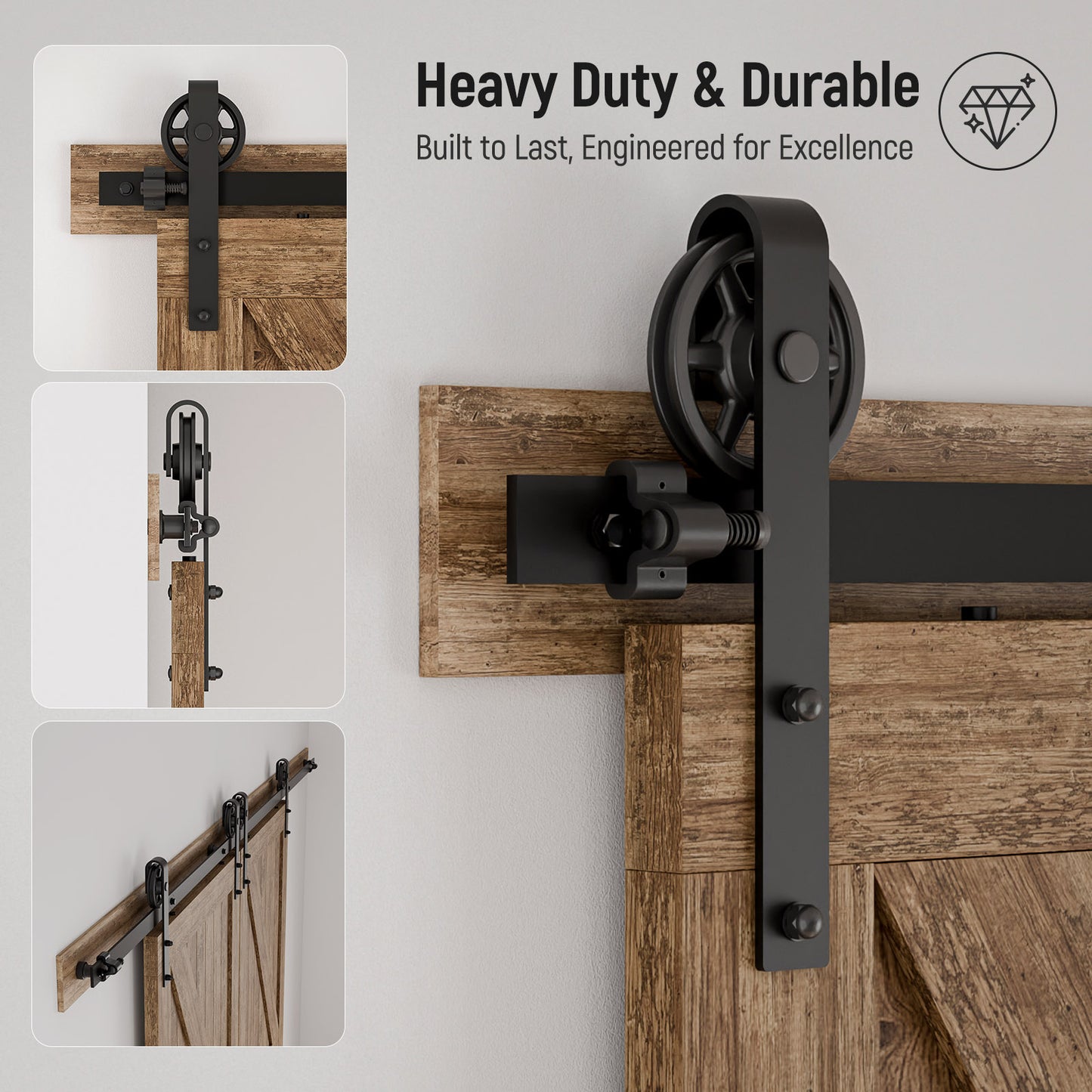 Schiebetürbeschlag Doppeltür 366cm Schiebetüren Schiebetürsystem Komplettset Laufschiene Rollen Set Schwarz für 2 Holztür 91cm Breit, Mittlere Rolle in J-Form