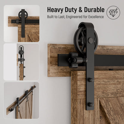 Schiebetürbeschlag Doppeltür 366cm Schiebetüren Schiebetürsystem Komplettset Laufschiene Rollen Set Schwarz für 2 Holztür 91cm Breit, Mittlere Rolle in J-Form