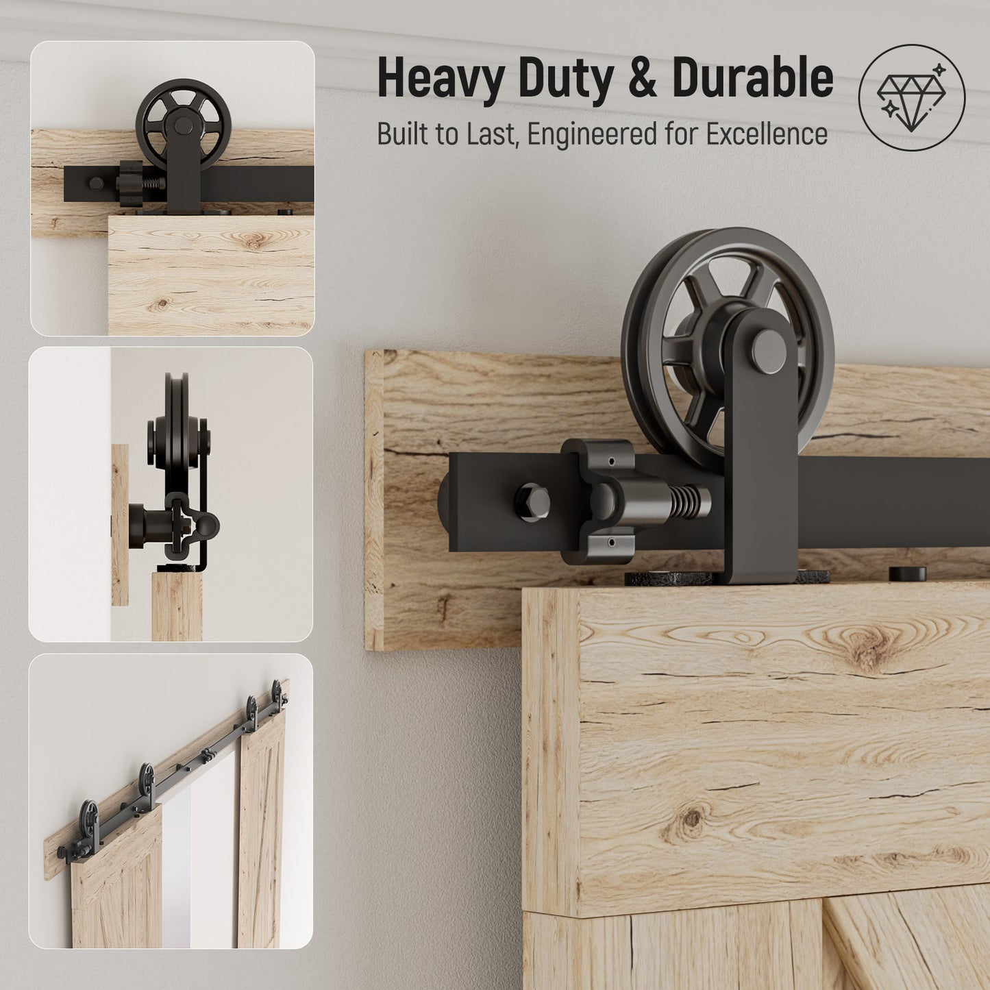 Schiebetürbeschlag Doppeltür 325cm Schiebetüren Schiebetürsystem Komplettset Laufschiene Rollen Set Schwarz für 2 Holztür 81cm Breit, Mittlere Rolle in T-Form