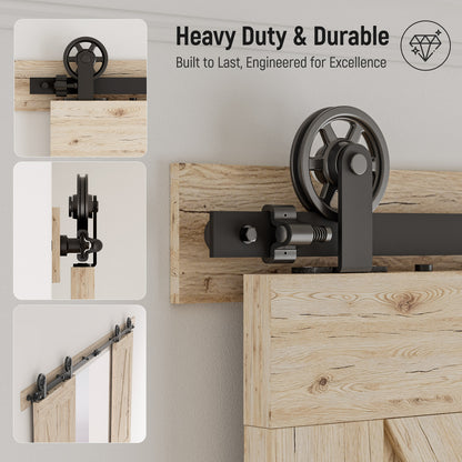 Schiebetürbeschlag Doppeltür 325cm Schiebetüren Schiebetürsystem Komplettset Laufschiene Rollen Set Schwarz für 2 Holztür 81cm Breit, Mittlere Rolle in T-Form