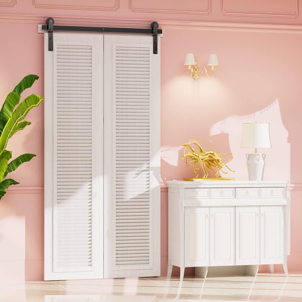 BONIKLUBA 60" Bi-Folding Barn Sliding Door Hardware Track Kit Fit 2X29" Door Wide Panels-Smoothly&Quiet for 2 Doors[No Door]