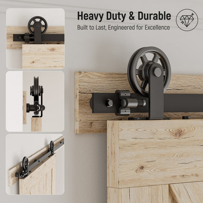 Schiebetürbeschlag 244cm Schiebetüren Schiebetürsystem Komplettset Laufschiene Rollen Set Schwarz für 1 Holztür 122cm Breit, Mittlere Rolle in T-Form