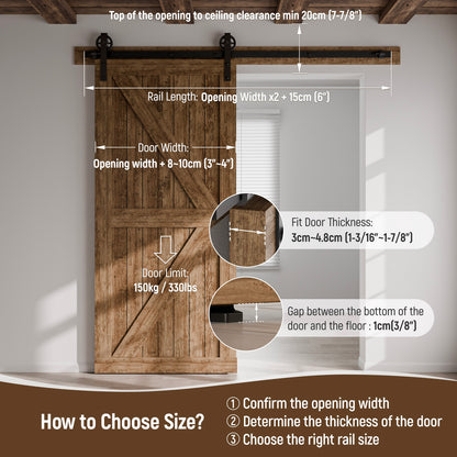 Schiebetürbeschlag 153cm Schiebetüren Schiebetürsystem Komplettset Laufschiene Rollen Set Schwarz für 1 Holztür 76cm Breit, Mittlere Rolle in J-Form