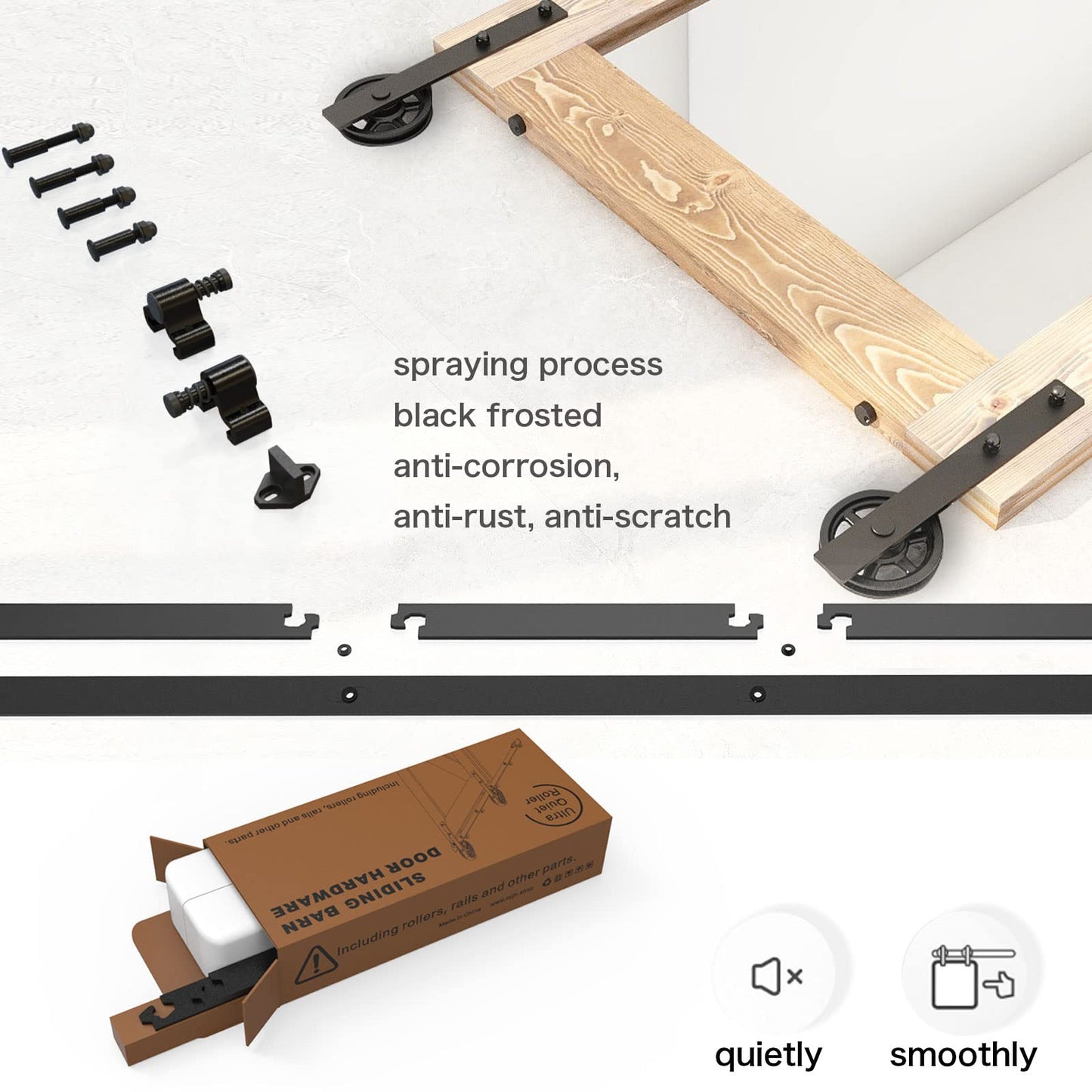 Schiebetürbeschlag 153cm Schiebetüren Schiebetürsystem Komplettset Laufschiene Rollen Set Schwarz für 1 Holztür 76cm Breit, Mittlere Rolle in I-Form