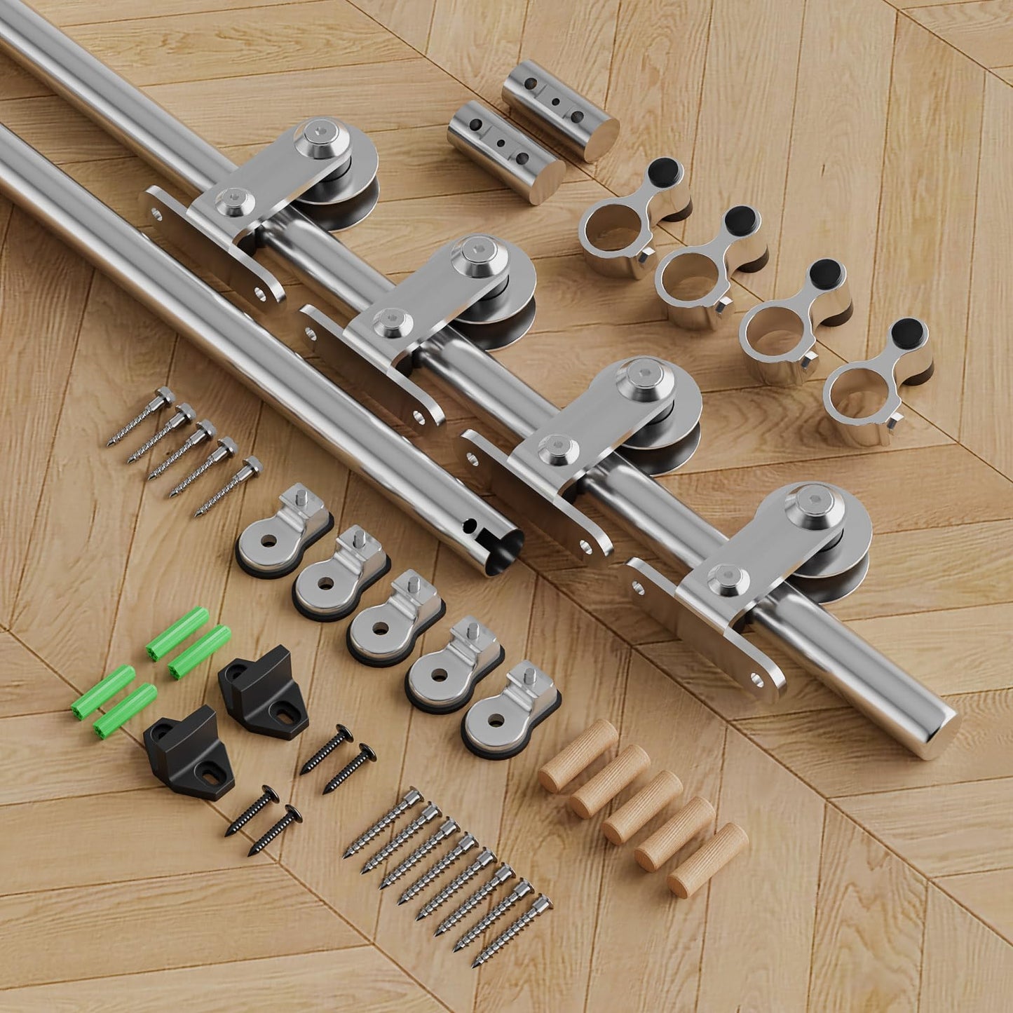 Schiebetürbeschlag Edelstahl Doppeltür 275cm Schiebetüren Schiebetürsystem Komplettset Laufschiene Rollen Set für 2 Holztür 68cm Breit, T Form