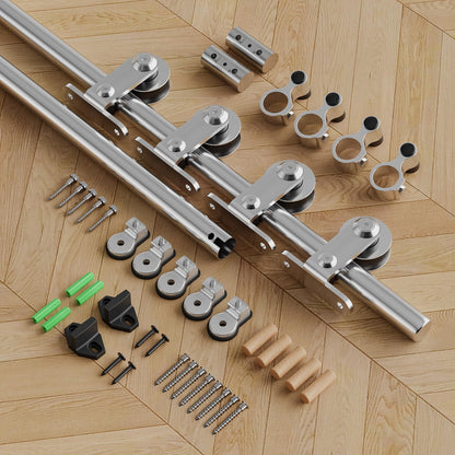 Schiebetürbeschlag Edelstahl Doppeltür 275cm Schiebetüren Schiebetürsystem Komplettset Laufschiene Rollen Set für 2 Holztür 68cm Breit, T Form
