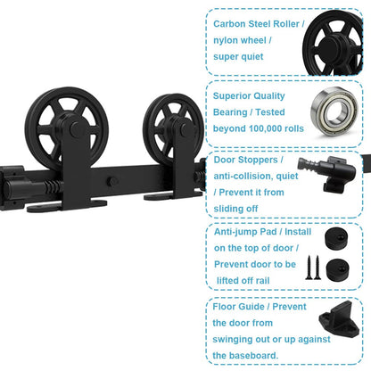 Schiebetürbeschlag 173cm Schiebetüren Schiebetürsystem Komplettset Laufschiene Rollen Set Schwarz für 1 Holztür 86cm Breit, Mittlere Rolle in T-Form