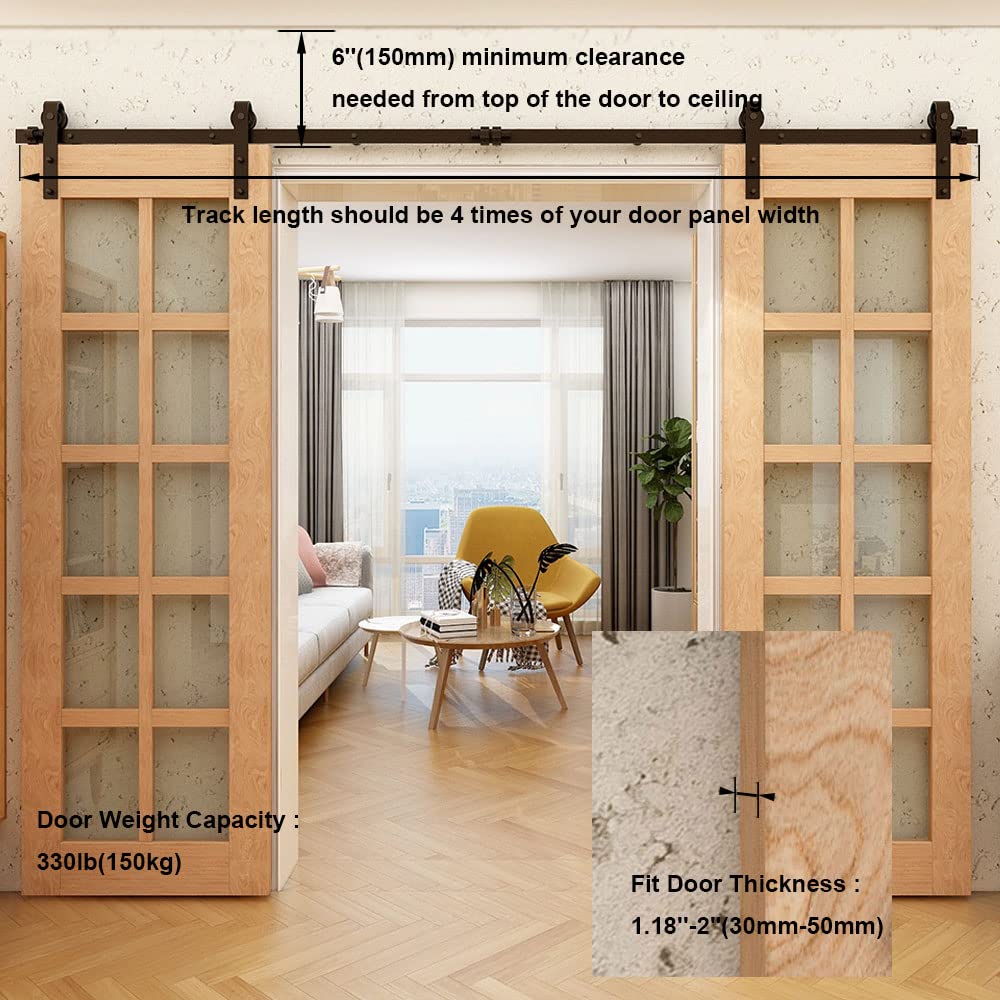 Schiebetürbeschlag Doppeltür 396cm Schiebetüren Schiebetürsystem Komplettset Laufschiene Rollen Set Schwarz für 2 Holztür 99cm Breit, Kleine Rolle in J-Form