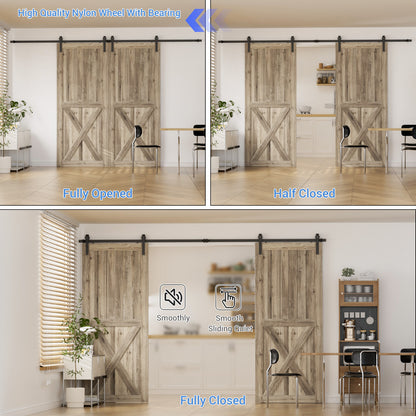 Schiebetürbeschlag Doppeltür 244cm Schiebetüren Schiebetürsystem Komplettset Laufschiene Rollen Set Schwarz für 2 Holztür 61cm Breit, Kleine Rolle in J-Form