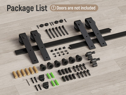 Schiebetürbeschlag Doppeltür 396cm Schiebetüren Schiebetürsystem Komplettset Laufschiene Rollen Set Schwarz für 2 Holztür 99cm Breit, Kleine Rolle in J-Form