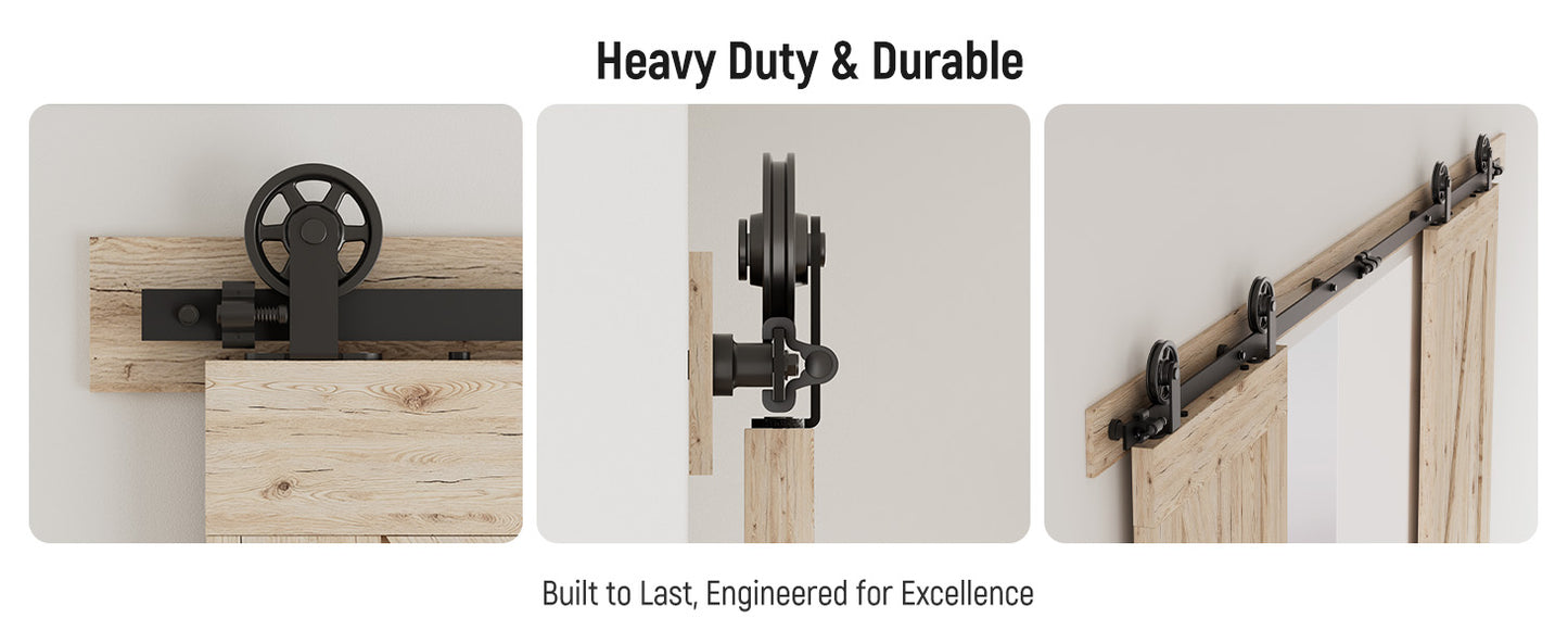 Schiebetürbeschlag Doppeltür 325cm Schiebetüren Schiebetürsystem Komplettset Laufschiene Rollen Set Schwarz für 2 Holztür 81cm Breit, Mittlere Rolle in T-Form
