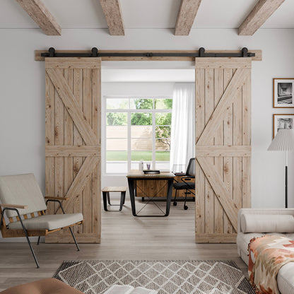 Schiebetürbeschlag Doppeltür 244cm Schiebetüren Schiebetürsystem Komplettset Laufschiene Rollen Set Schwarz für 2 Holztür 61cm Breit, Kleine Rolle in T-Form