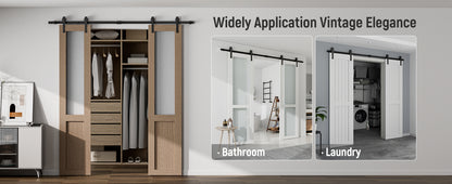 Schiebetürbeschlag Doppeltür 244cm Schiebetüren Schiebetürsystem Komplettset Laufschiene Rollen Set Schwarz für 2 Holztür 61cm Breit, Kleine Rolle in J-Form