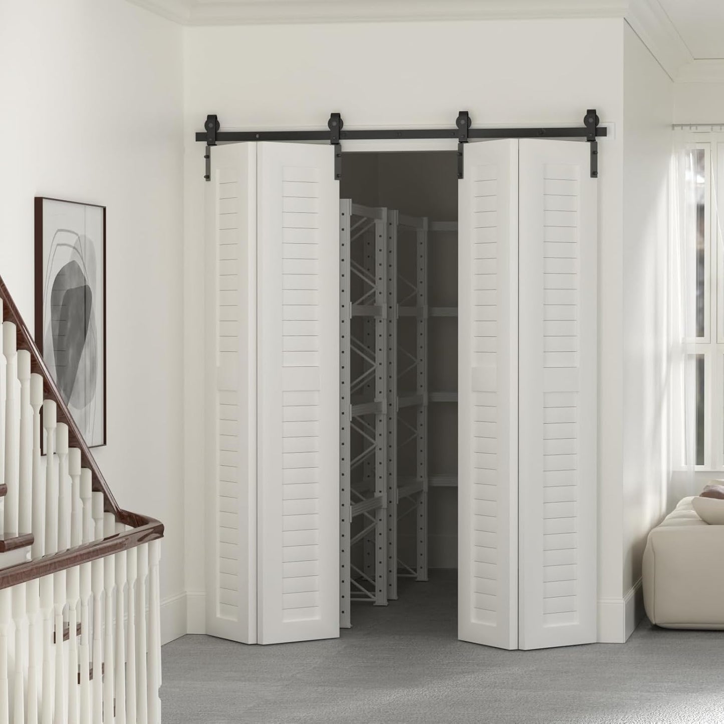 BONIKLUBA Bi-Folding Sliding Barn Door Hardware Track Kit,Smoothly&Quietly,Side Mounted Black Roller,Easy Install,Door Not Included