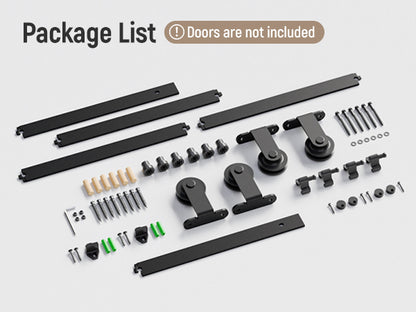 Schiebetürbeschlag Doppeltür 244cm Schiebetüren Schiebetürsystem Komplettset Laufschiene Rollen Set Schwarz für 2 Holztür 61cm Breit, Kleine Rolle in T-Form