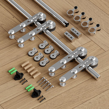 Schiebetürbeschlag Edelstahl Doppeltür 244cm Schiebetüren Schiebetürsystem Komplettset Laufschiene Rollen Set für 2 Holztür 61cm Breit, I Form