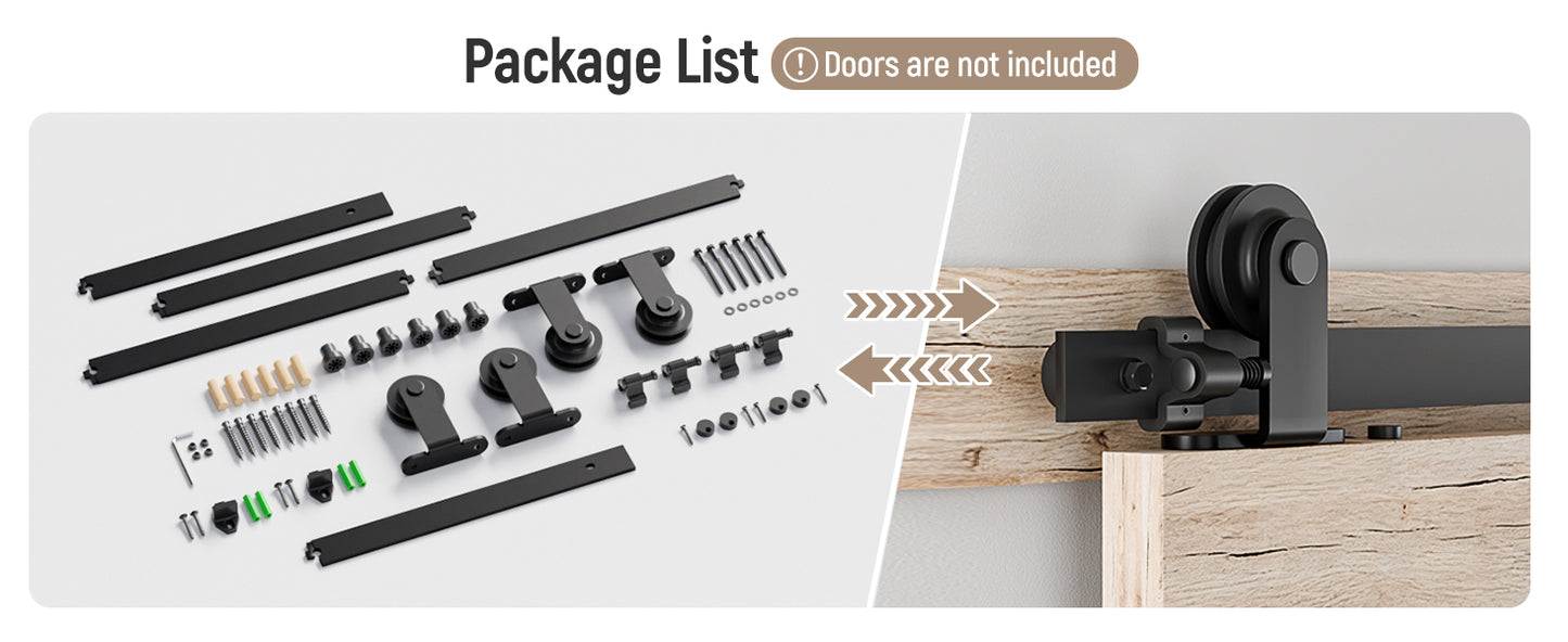Schiebetürbeschlag Doppeltür 305cm Schiebetüren Schiebetürsystem Komplettset Laufschiene Rollen Set Schwarz für 2 Holztür 76cm Breit, Kleine Rolle in T-Form[
