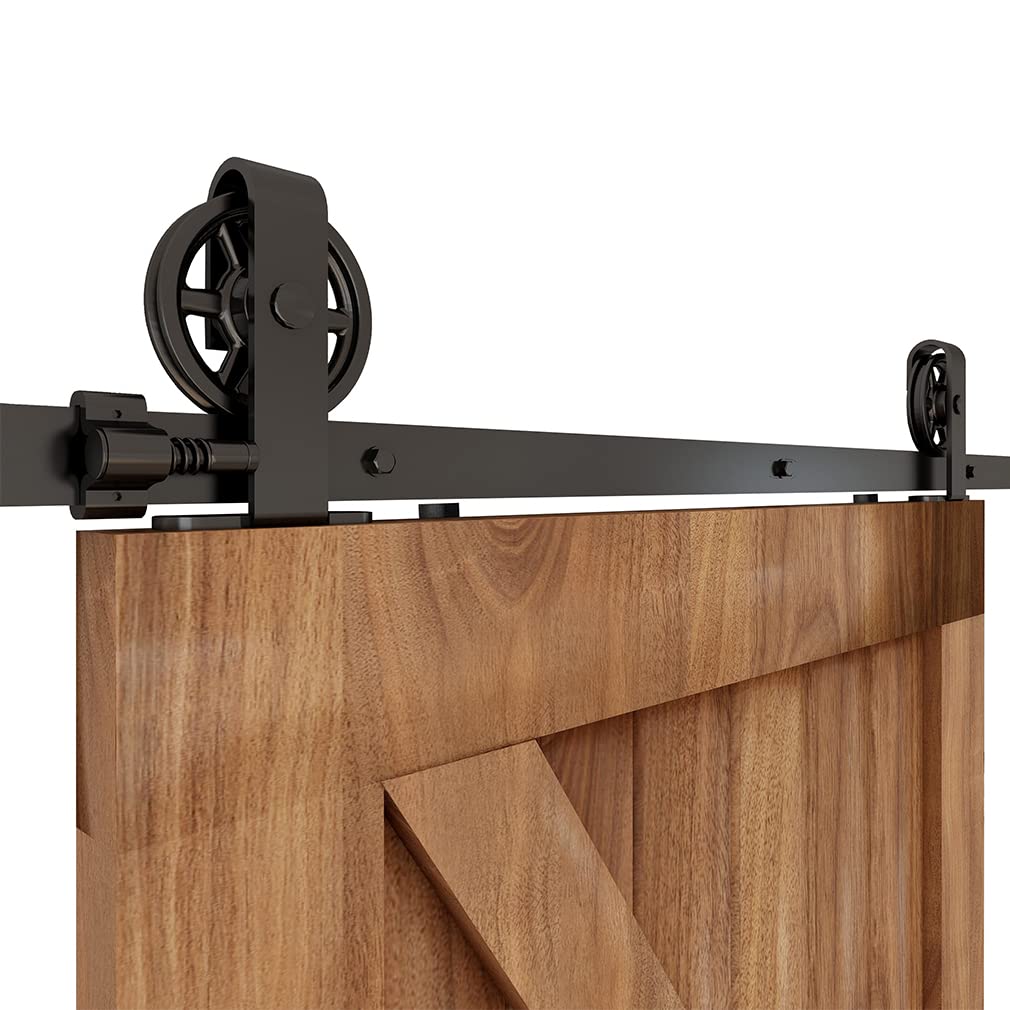 Schiebetürbeschlag 203cm Schiebetüren Schiebetürsystem Komplettset Laufschiene Rollen Set Schwarz für 1 Holztür 101cm Breit, Mittlere Rolle in T-Form