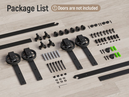 Schiebetürbeschlag Doppeltür 366cm Schiebetüren Schiebetürsystem Komplettset Laufschiene Rollen Set Schwarz für 2 Holztür 91cm Breit, Mittlere Rolle in J-Form