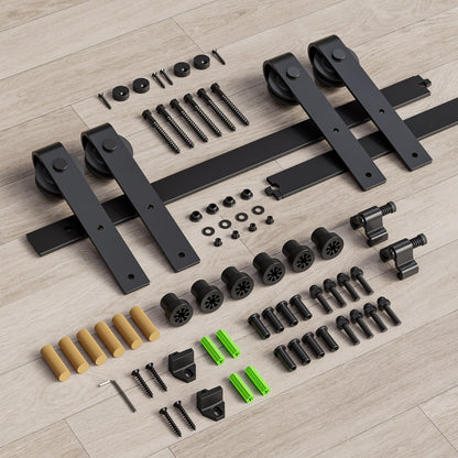 Schiebetürbeschlag Doppeltür 366cm Schiebetüren Schiebetürsystem Komplettset Laufschiene Rollen Set Schwarz für 2 Holztür 91cm Breit, Kleine Rolle in J-Form