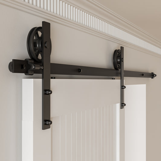 Schiebetürbeschlag 153cm Schiebetüren Schiebetürsystem Komplettset Laufschiene Rollen Set Schwarz für 1 Holztür 76cm Breit, Mittlere Rolle in I-Form