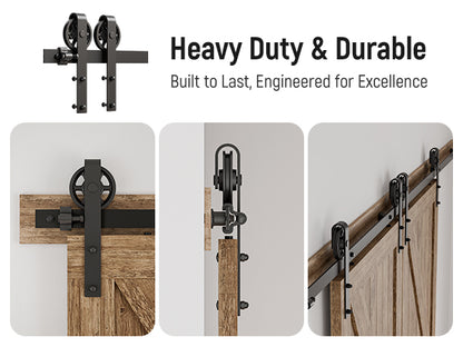 Schiebetürbeschlag Doppeltür 366cm Schiebetüren Schiebetürsystem Komplettset Laufschiene Rollen Set Schwarz für 2 Holztür 91cm Breit, Mittlere Rolle in J-Form