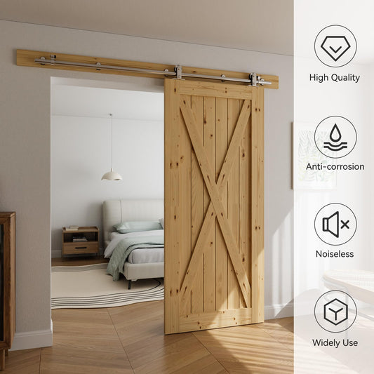 Edelstahl-Schiebetürbeschlag 183 cm, Schiebetürsystem-Komplettset inklusive Laufschiene und Rollen für 1 Holztür bis 91 cm Breite, T-Form