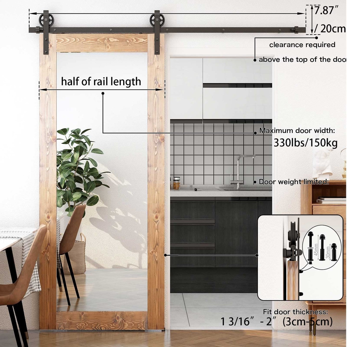 Schiebetürbeschlag 153cm Schiebetüren Schiebetürsystem Komplettset Laufschiene Rollen Set Schwarz für 1 Holztür 76cm Breit, Mittlere Rolle in I-Form