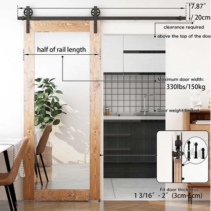 Schiebetürbeschlag 153cm Schiebetüren Schiebetürsystem Komplettset Laufschiene Rollen Set Schwarz für 1 Holztür 76cm Breit, Mittlere Rolle in I-Form